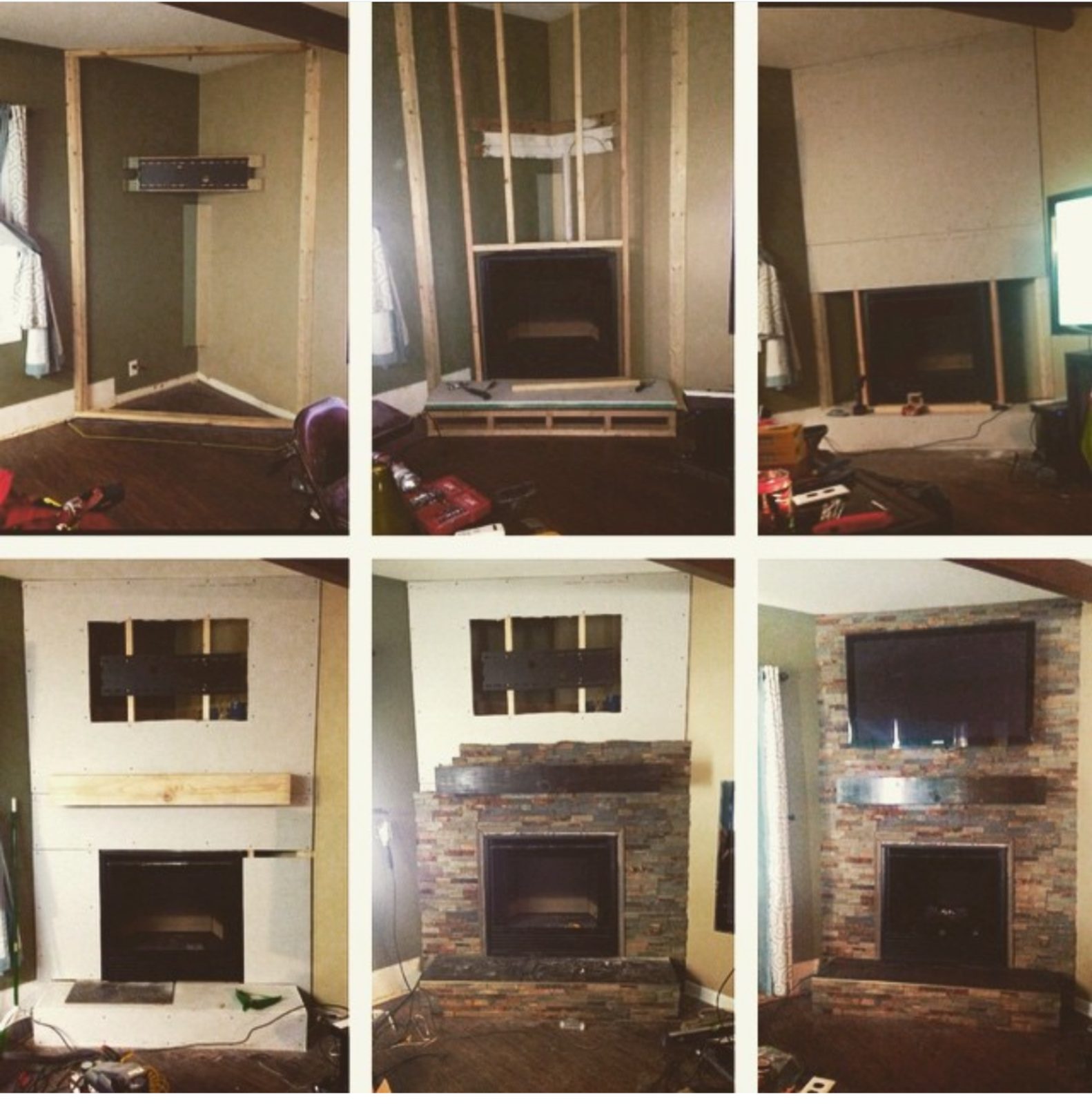 Collage of fireplace build-out progress in Grand Rapids from framing to completed stone surround